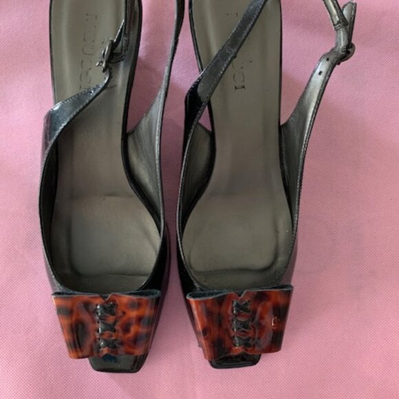 Sesto Meucci Italian evening sandals, black patent/animal patent front bows 10N - Picture 3 of 4